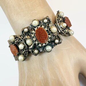Vintage Bracelet, Victorian Revival, Mesh, Gold Stone, Brass, Ornate, Patina